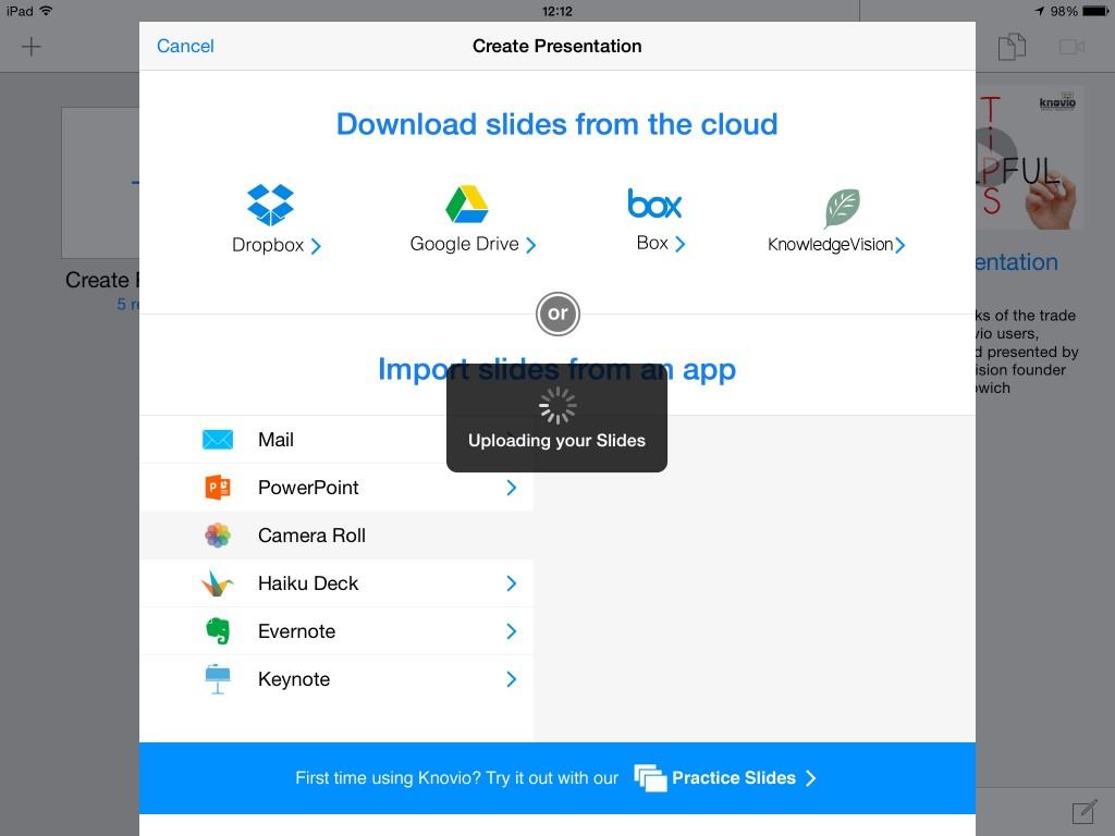 upload slides to your first knovio project using mobile app