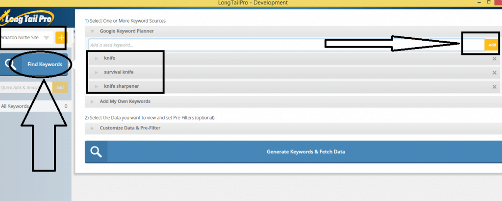 Screenshot for adding seed keywords in LongTailPRO