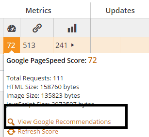 Checking Google PageSpeed score with CMS Commander