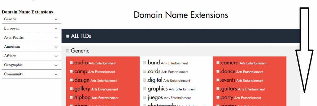 Domain name extensions table at Temok