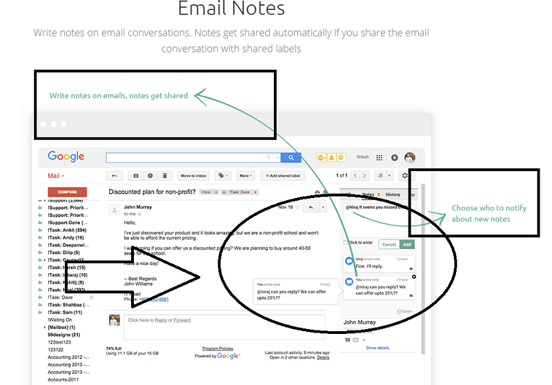 email notes feature with Hiver at Gmail