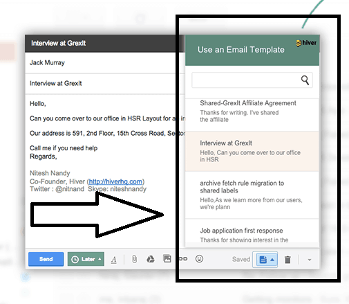 email templates feature with Hiver at Gmail