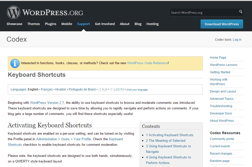 Keyboard shortcuts at Wordpress_org - screenshot of Wordpress.org