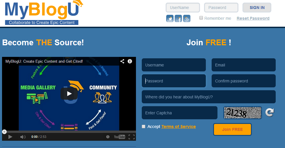 MyBlogU page registration screenshot