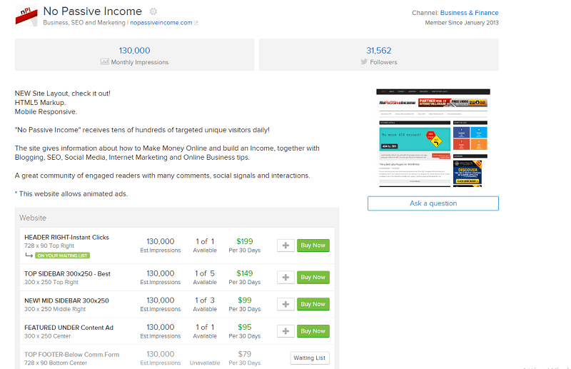 NoPassiveIncome listed at BuySellAds marketplace