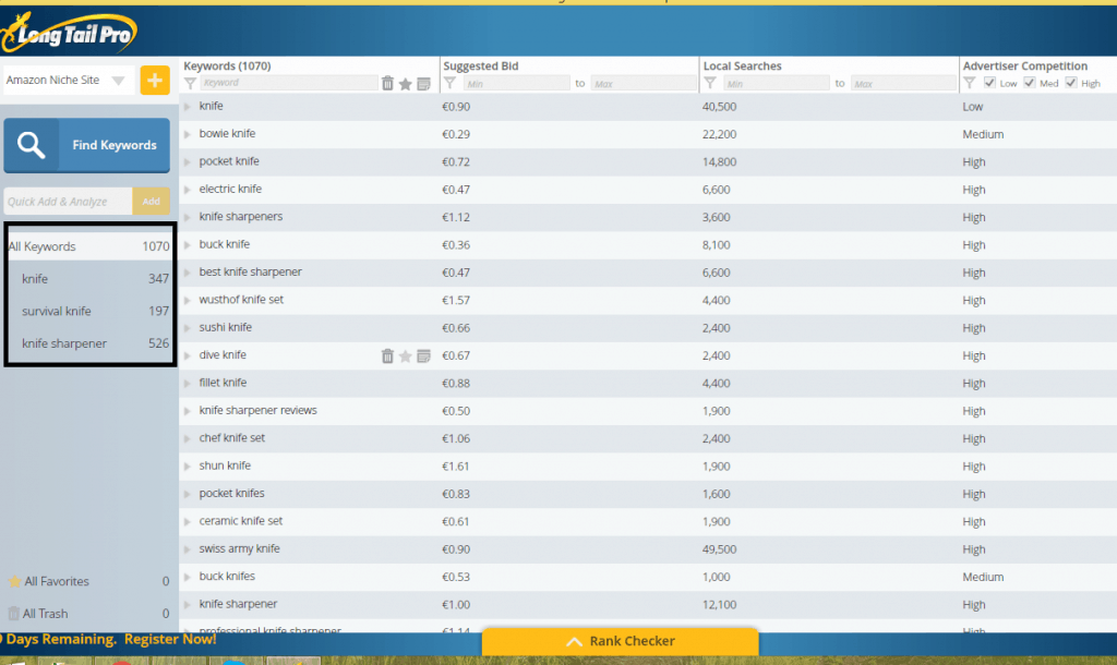 Results of testing LongTailPRO keywords research - screenshot