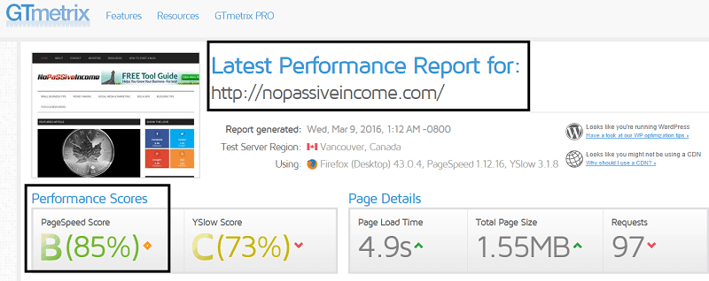 testing nopassiveincome homepage speed with GTmetrix