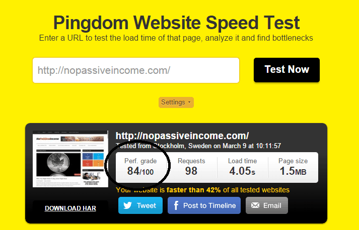 testing nopassiveincome homepage speed with Pingdom